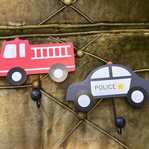 Hobby Lobby Red Fire Truck & Black Police Car Wall Hooks
